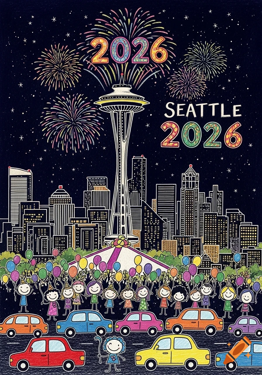 Childlike drawing of a New Year's Eve celebration in Seattle with fireworks over the Space Needle, people, and cars.