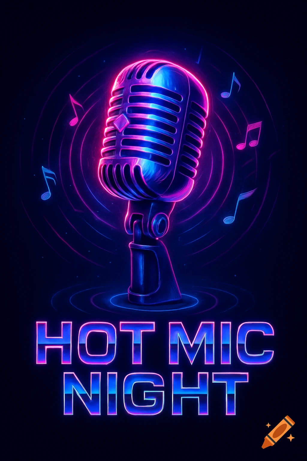A stylized neon blue and pink microphone with musical notes on a dark background, and the text "HOT MIC NIGHT" below.