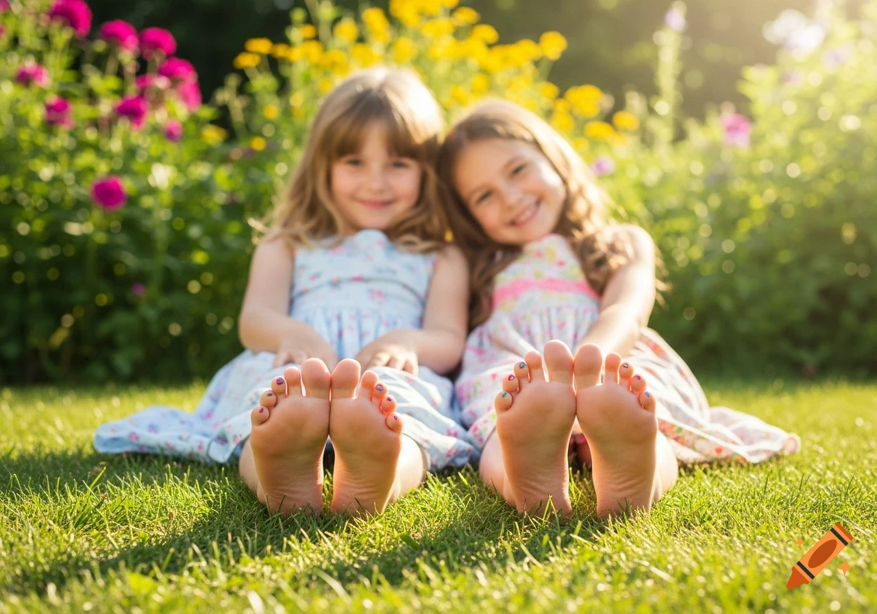 Two young smiling girls sit in a sunny garden, extending their feet with painted toenails towards the viewer.