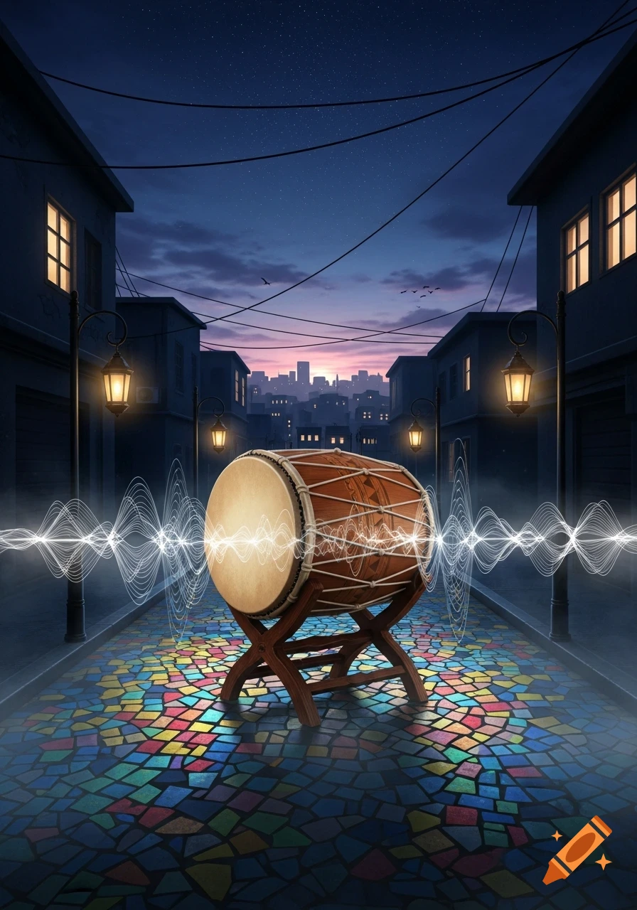 A large traditional drum emitting sound waves stands in a colorful tiled alley at night, with buildings, streetlights, and a city skyline under a starry sky.