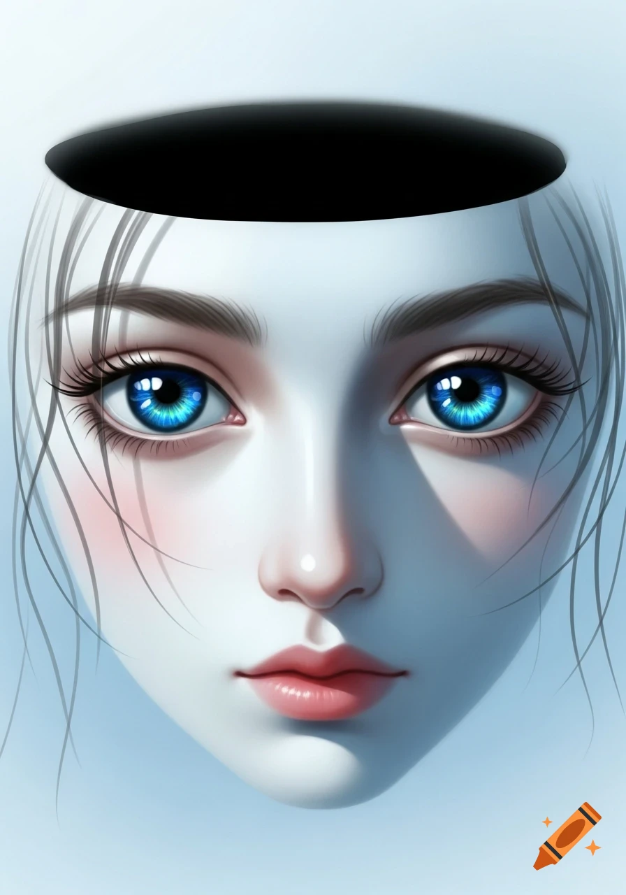 Stylized digital art portrait of a woman's face with vibrant blue eyes, pink lips, and a black void on top of her head.