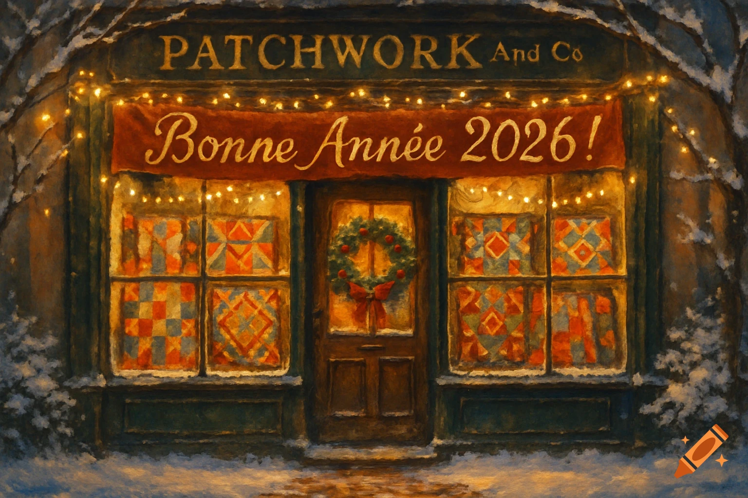 Painterly image of 'PATCHWORK And Co' shop front decorated for New Year 2026 with a banner, lights, wreath, and snow.