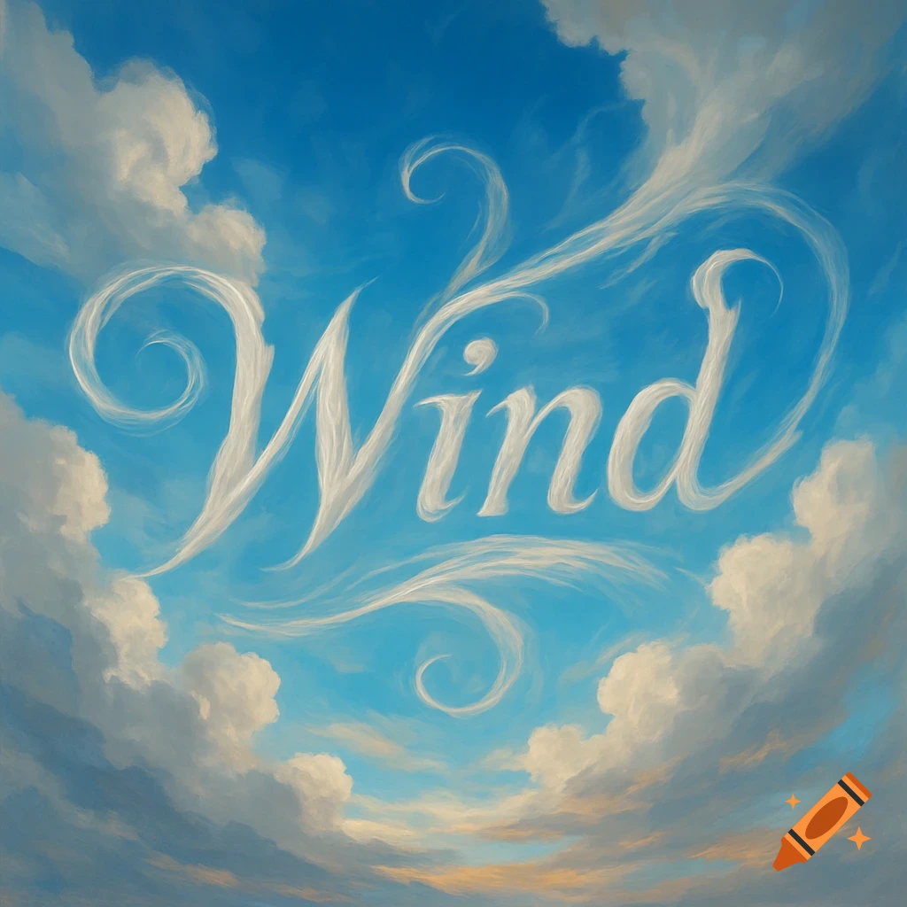 The word 'Wind' formed by wispy white clouds against a vibrant blue sky with fluffy clouds.
