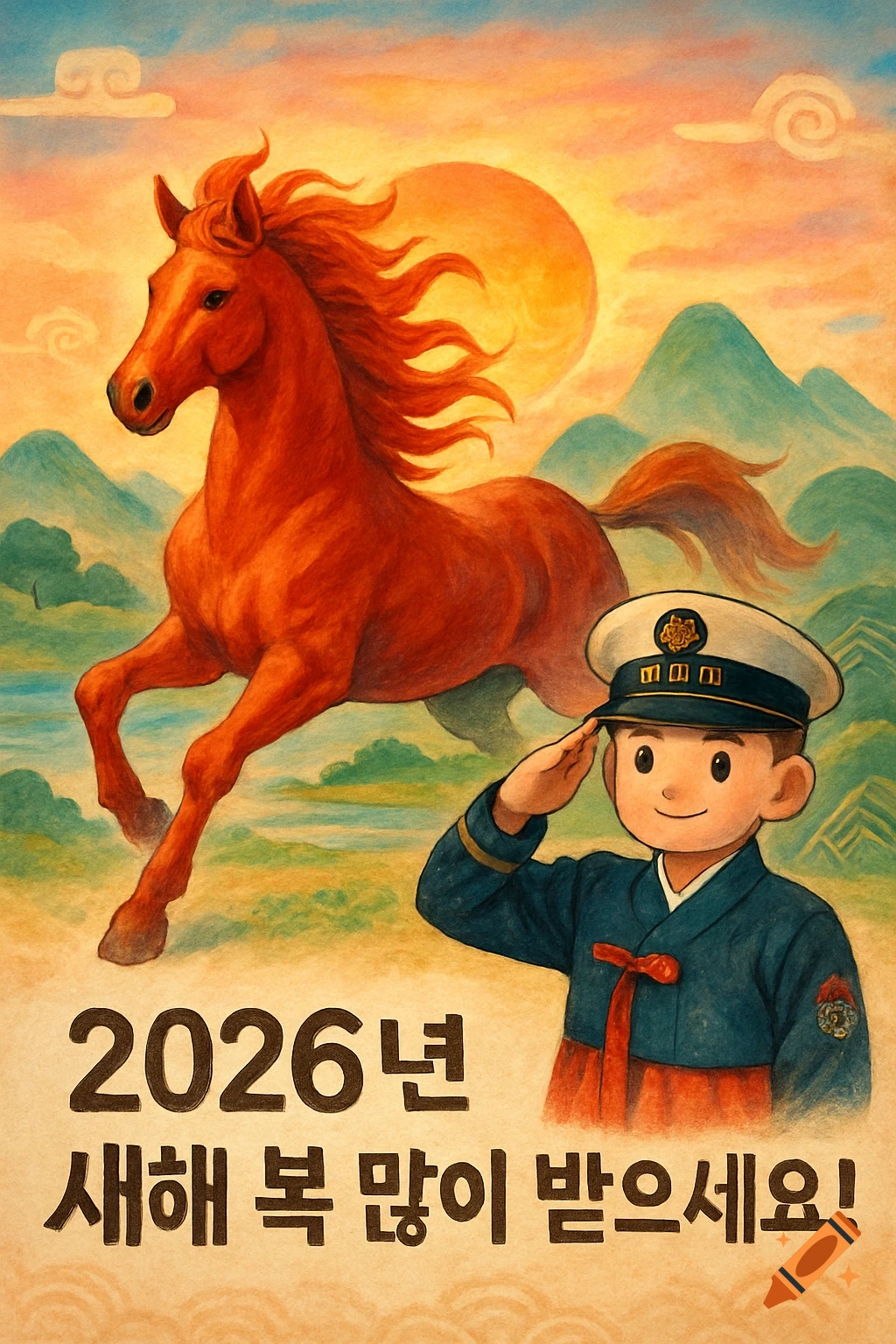 An illustrative New Year's card featuring a red horse galloping under a setting sun, with a boy in a Korean marine uniform saluting, and Korean text for 'Happy New Year 2026'.