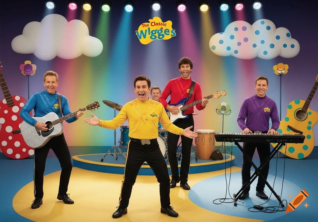 The Classic Wiggles band members performing on a colorful stage with instruments.