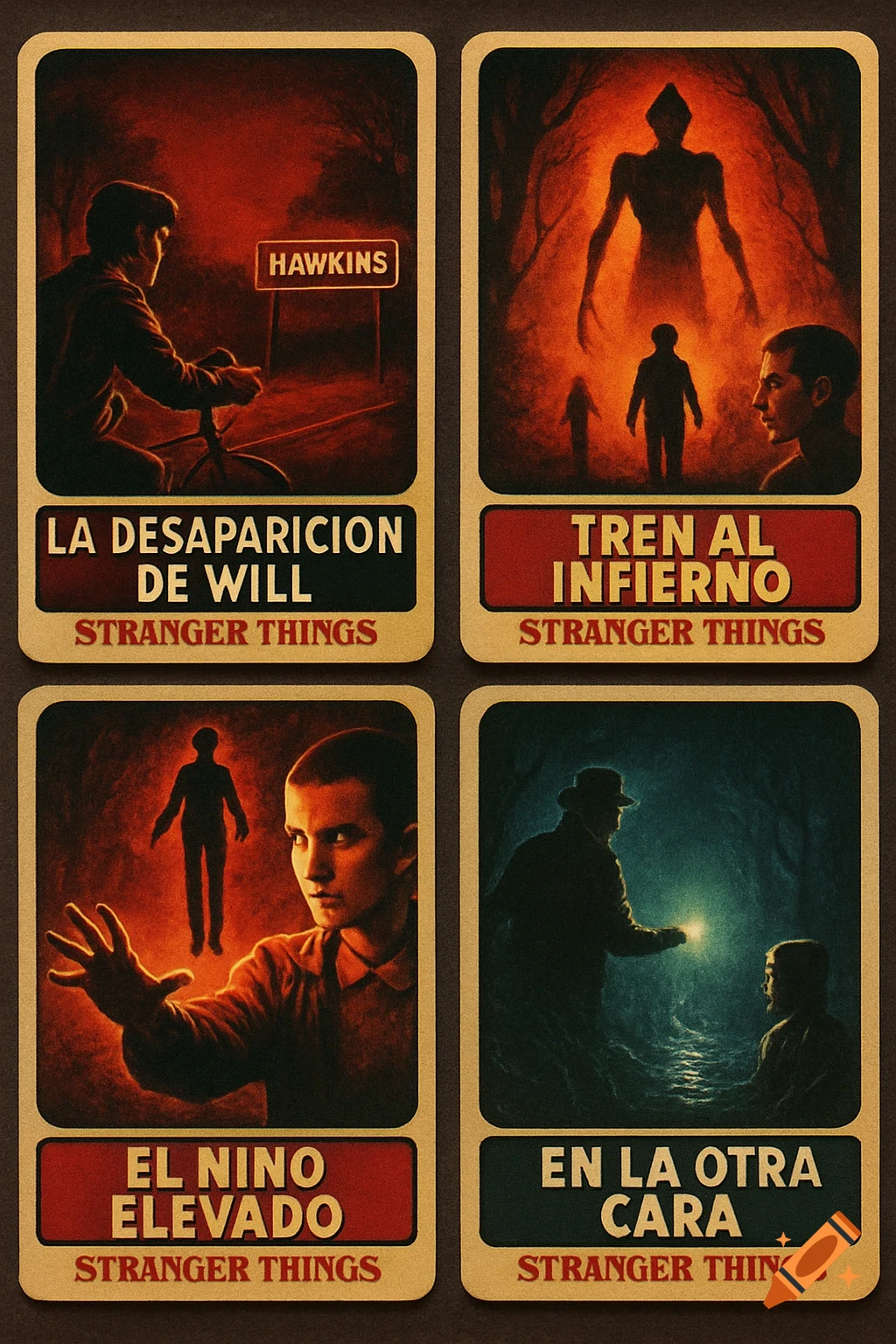Four retro-style trading cards for Stranger Things, each depicting a scene with Spanish titles and the show's logo. Scenes include a boy on a bike near a "Hawkins" sign, silhouettes with a monster, a child with an outstretched hand, and figures in a dark, watery setting.