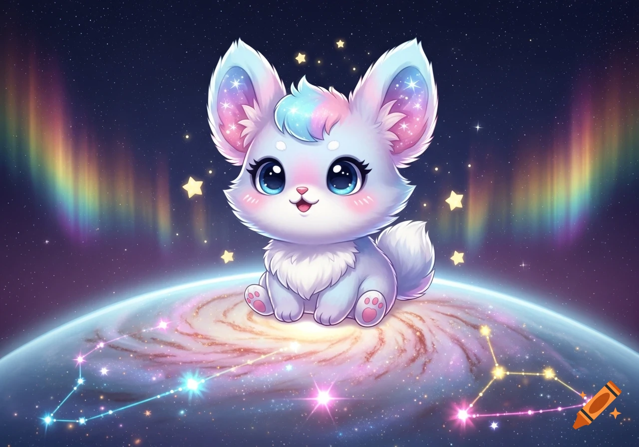 A cute, fluffy, pastel creature with big blue eyes sits on a glowing galaxy planet, surrounded by stars and rainbow aurora.