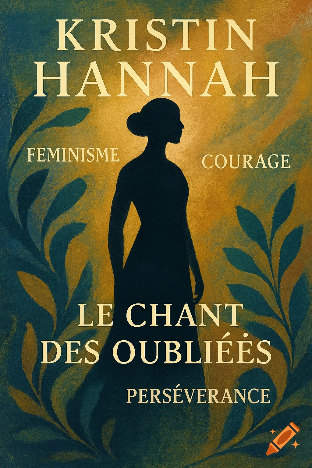 A stylized book cover features a woman's silhouette amidst green and gold leaves against a textured teal and gold background. Text reads "Kristin Hannah", "Feminisme", "Courage", "Le chant des oubliées", and "Perseverance".