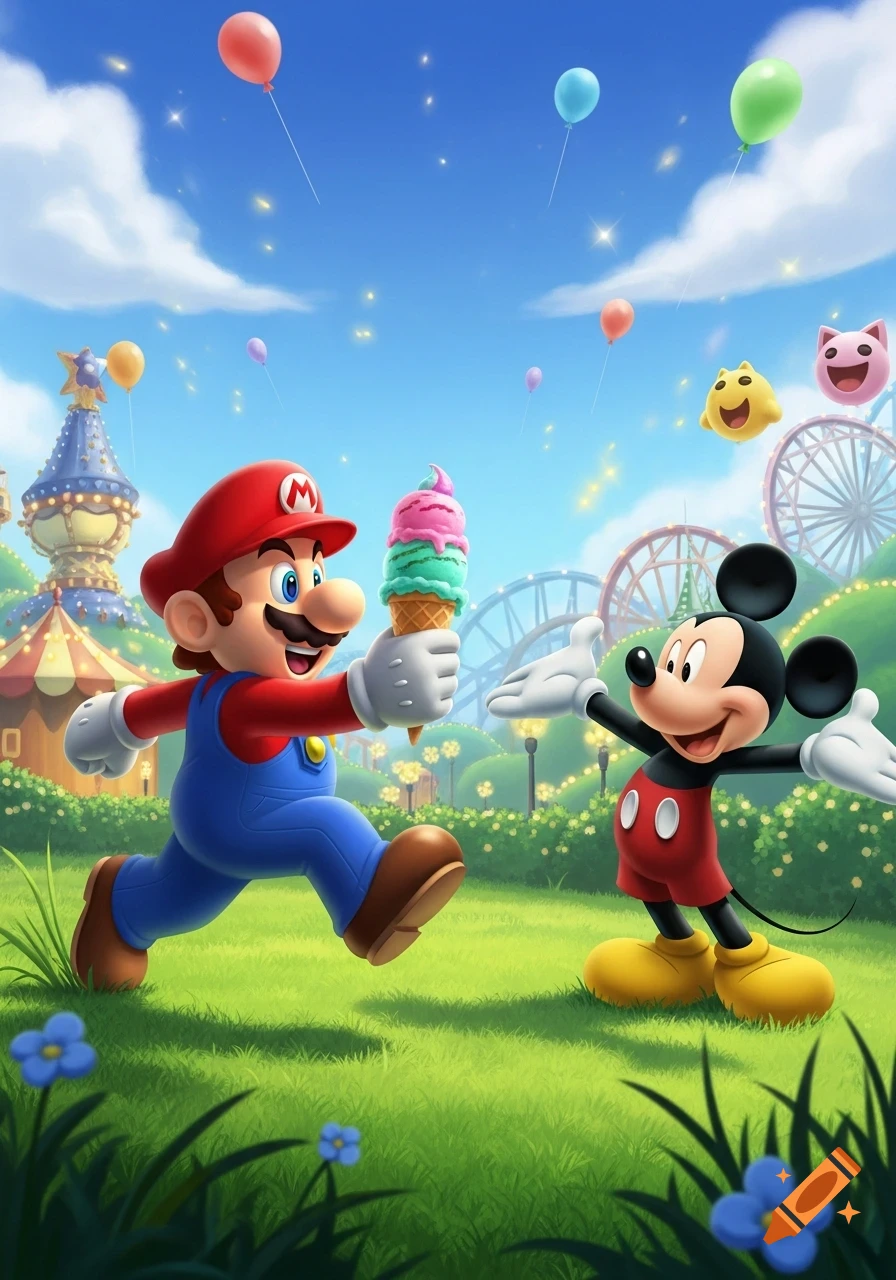 Mario runs in a vibrant amusement park, holding an ice cream cone out to Mickey Mouse, with colorful balloons and rides in the background.