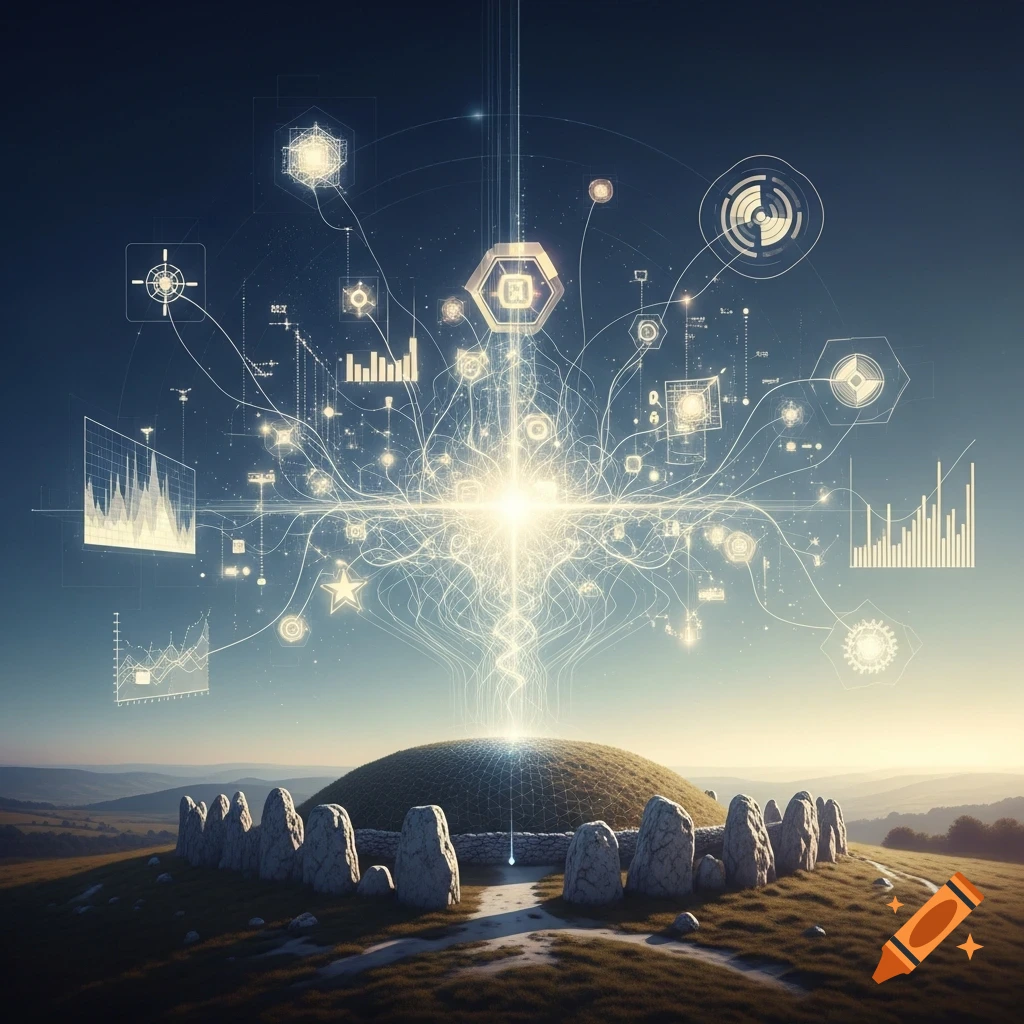 A glowing abstract data visualization emanates from a prehistoric stone circle and mound on a grassy hill, connecting to charts and symbols in the sky.