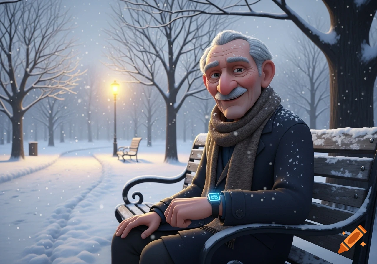 An animated old man with gray hair and a mustache sits on a snowy park bench, wearing a scarf and a digital watch, with snow falling around him.
