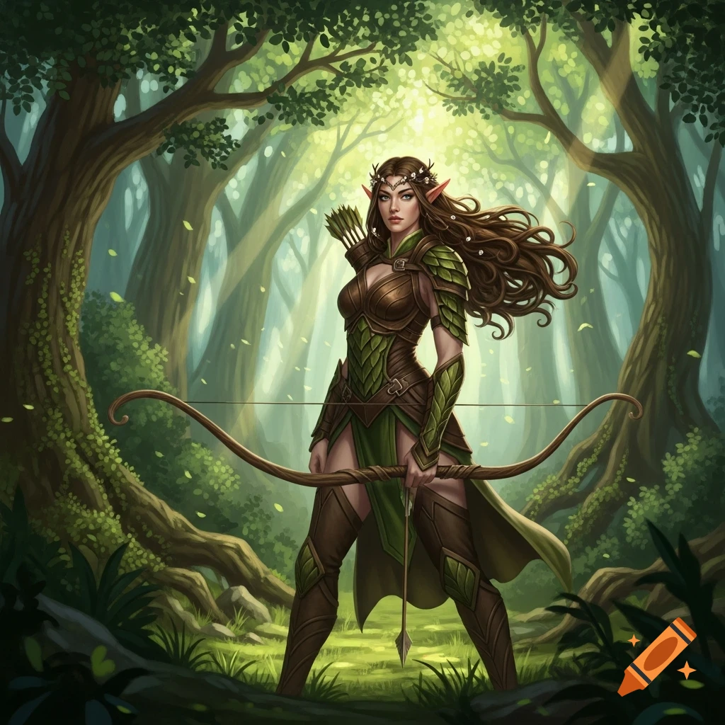 A female wood elf ranger with a longbow stands in a vibrant, sunlit forest.