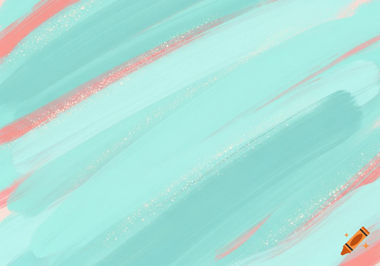 Abstract background featuring broad, diagonal brushstrokes in pastel turquoise and peach, accented with shimmering glitter.