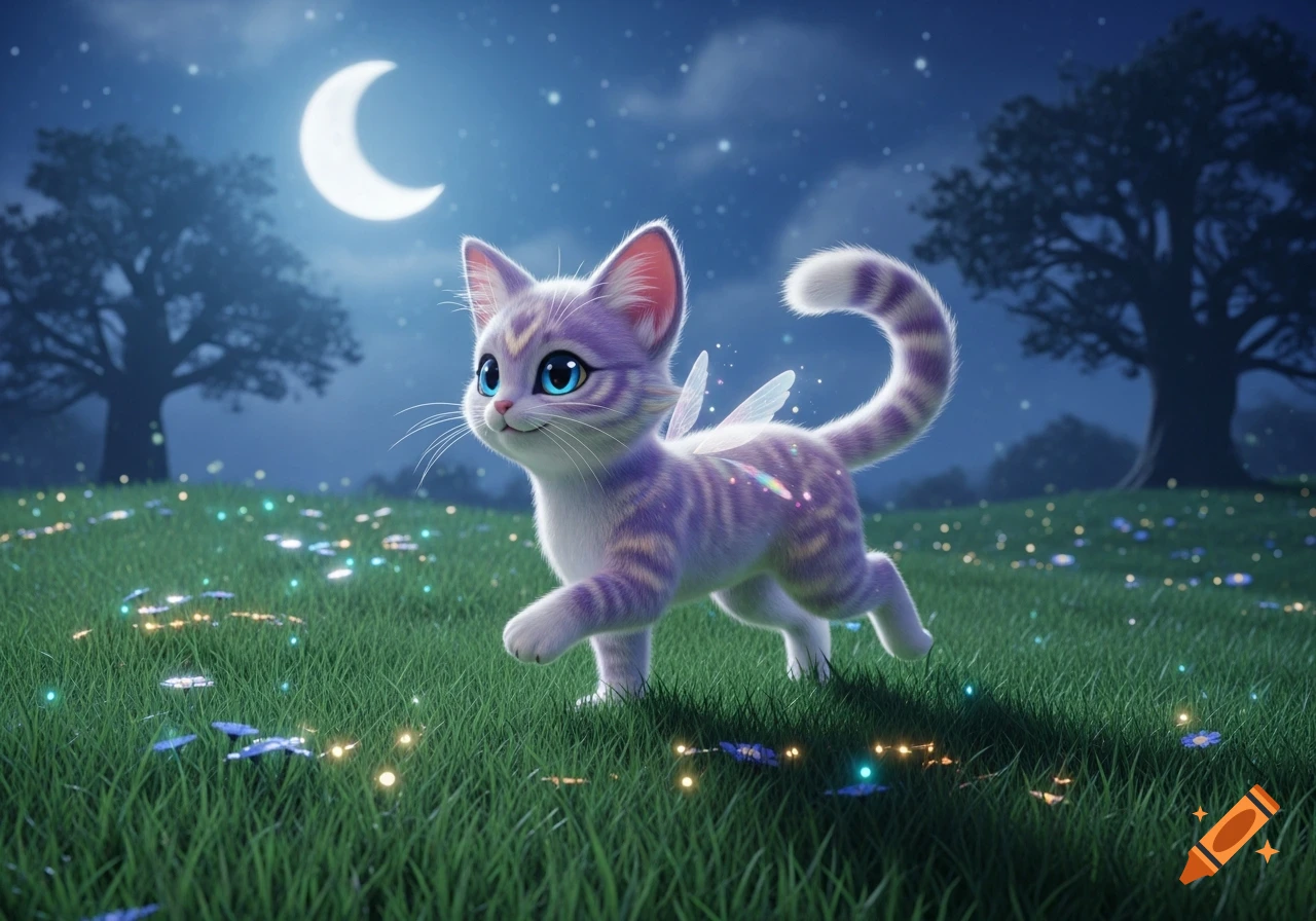 A cute, stylized winged cat with blue eyes and purple stripes walks through glowing grass under a crescent moonlit night.