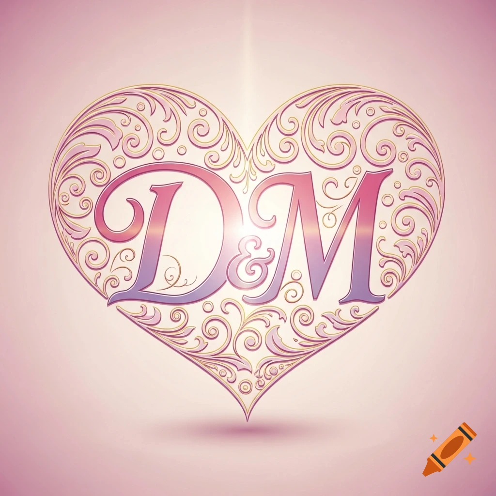 Ornate heart design with initials D & M, featuring pink and gold filigree on a light pink background.