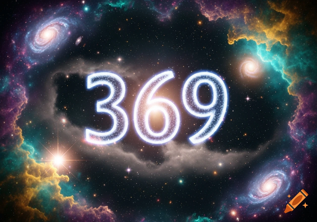 The glowing numbers 369 float amidst a vibrant cosmic backdrop of nebulae, stars, and galaxies.