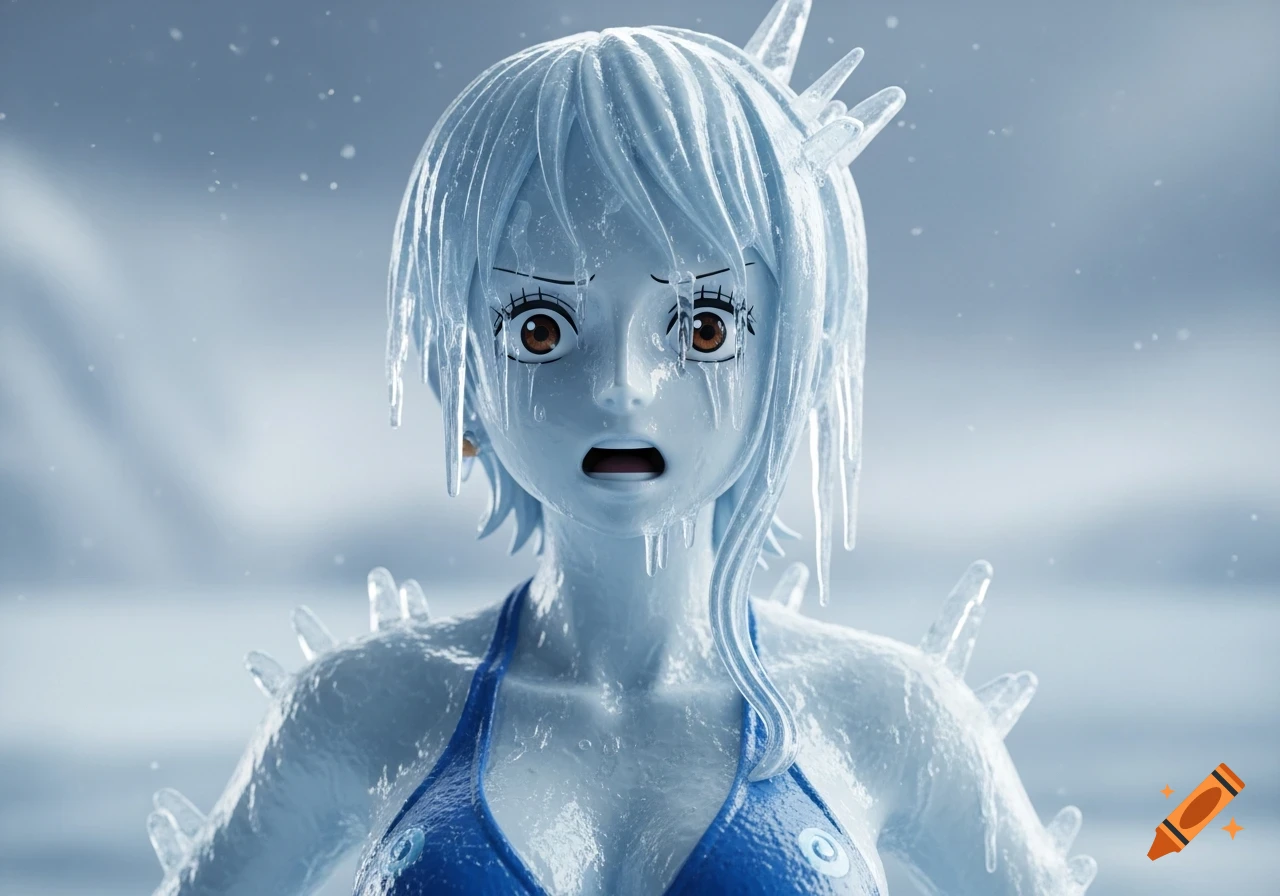 A 3D render of Nami from One Piece as a surprised ice statue with icicles on her face, hair, and body, against a cold blue background.