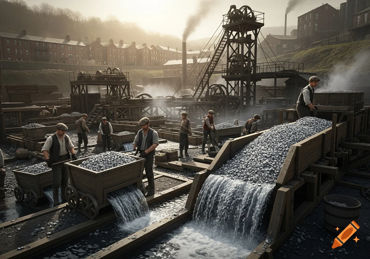 Photorealistic image of workers at an industrial ore washing plant in the early 1900s, with large piles of rocks and flowing water.