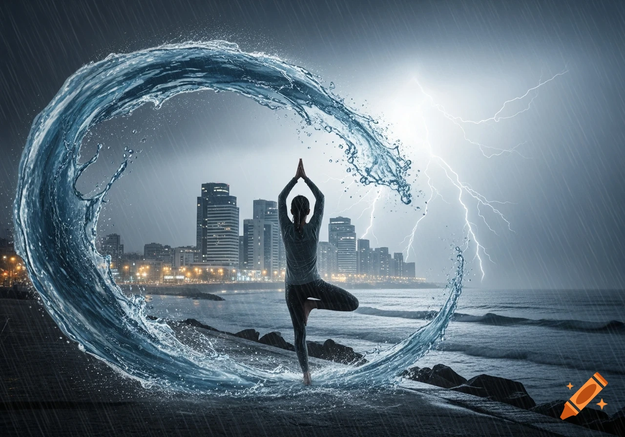 A person in a yoga tree pose on a rocky shore, encircled by a water wave, with a stormy city skyline and lightning in the background.