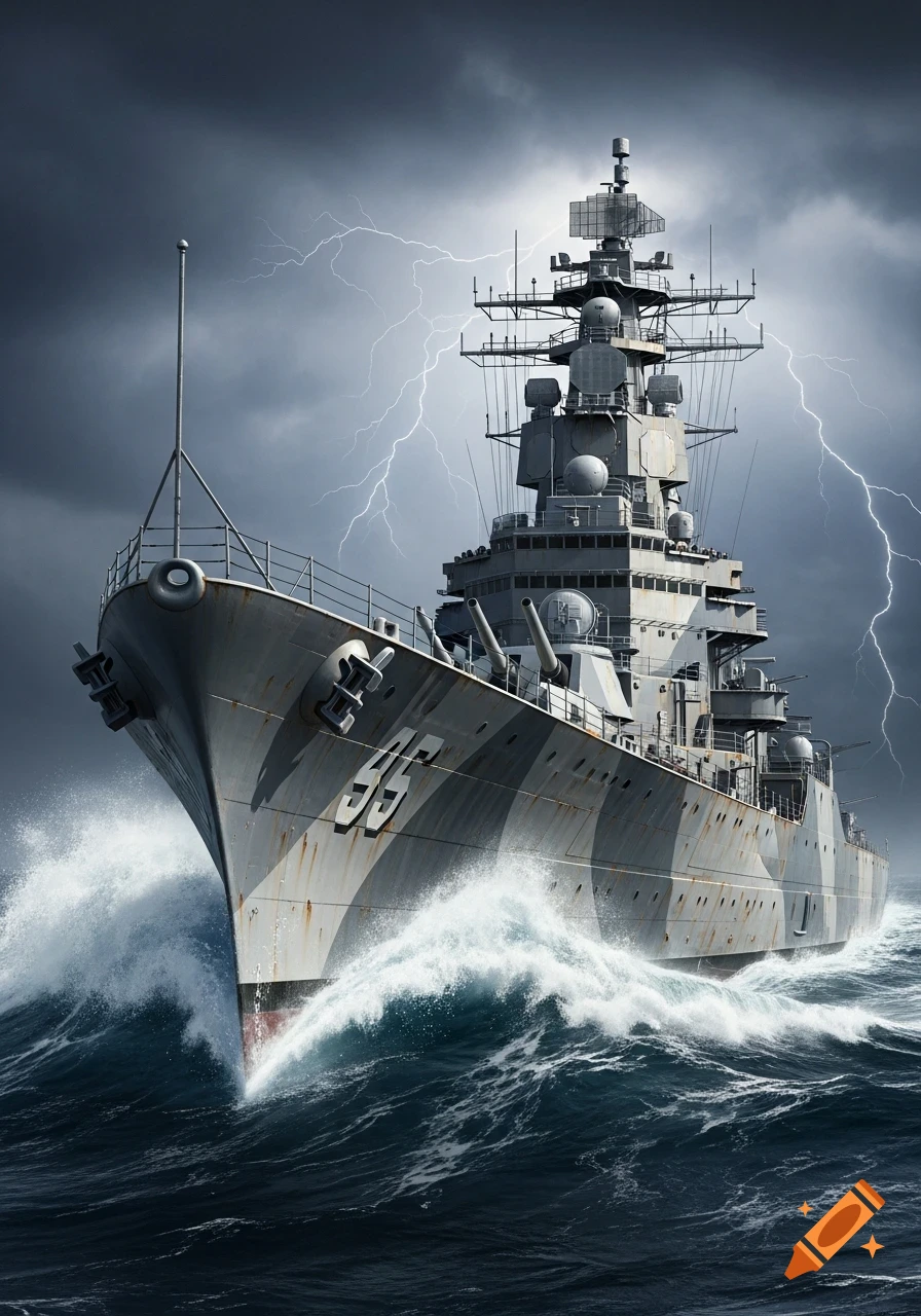 A grey battleship cuts through stormy dark blue seas, with lightning flashing in an ominous sky.
