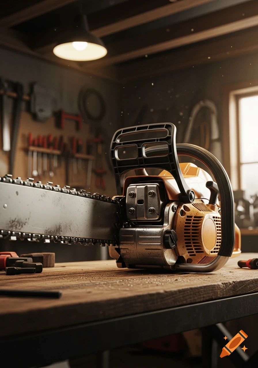 A photorealistic close-up of an orange and silver chainsaw resting on a wooden workbench in a workshop.