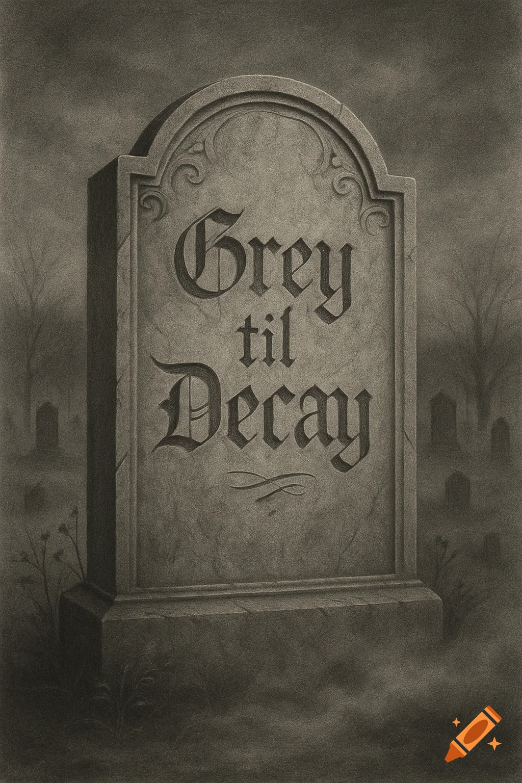 A grayscale drawing of an old tombstone in a foggy graveyard, engraved with 'Grey til Decay' in gothic script.