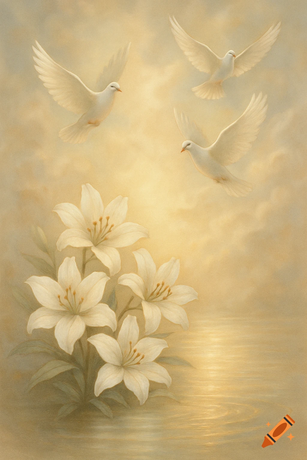 White doves fly over white lilies in a soft, ethereal golden light above shimmering water, in a painterly style.