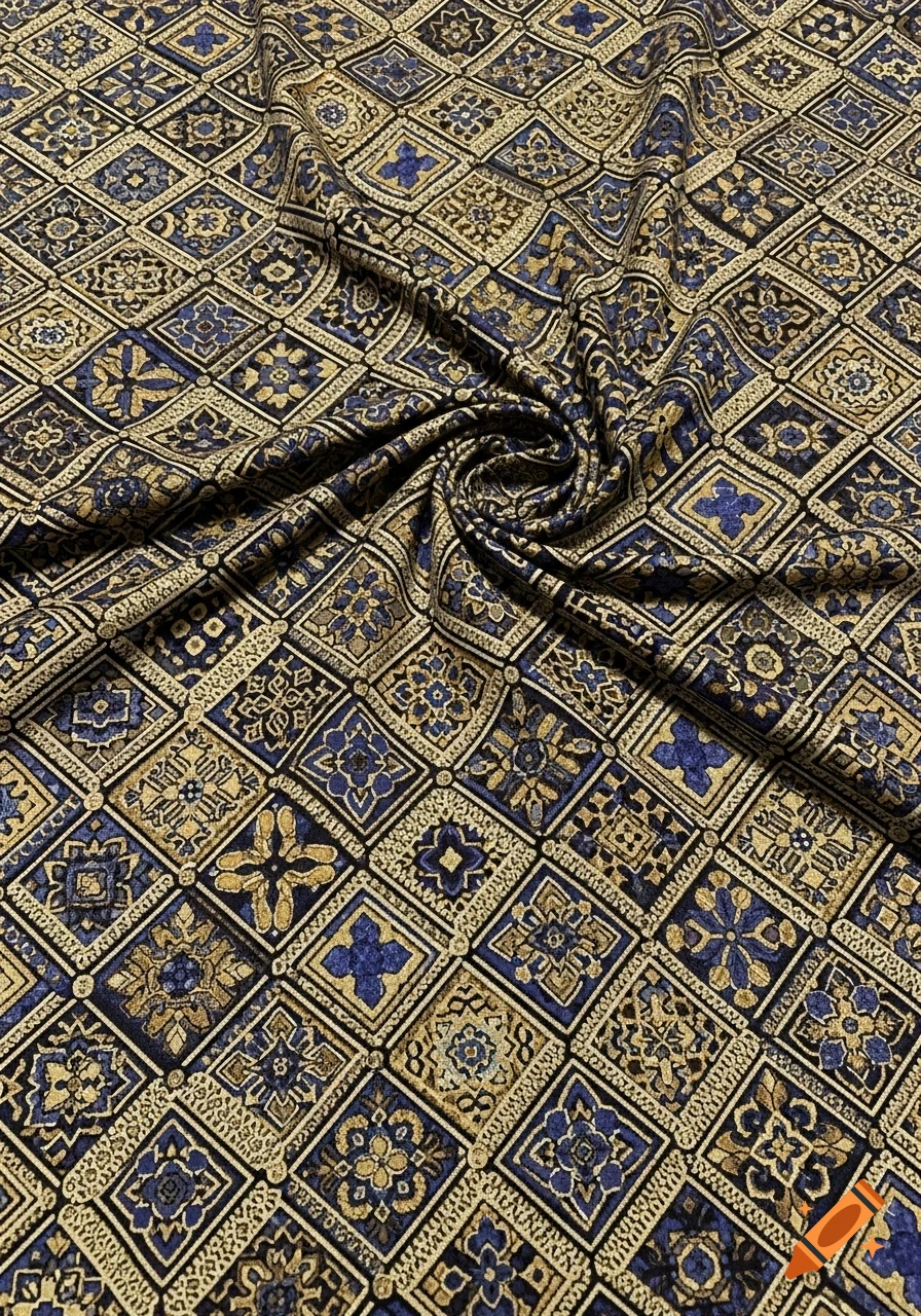 A close-up of a luxurious fabric with an intricate diamond pattern in gold, royal blue, and black, showing natural folds and wrinkles.
