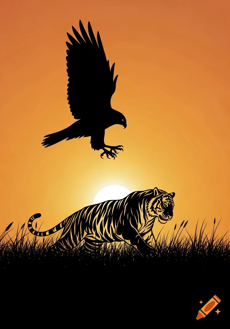 Silhouette drawing of a hawk diving towards a tiger in a grassy field at sunset.