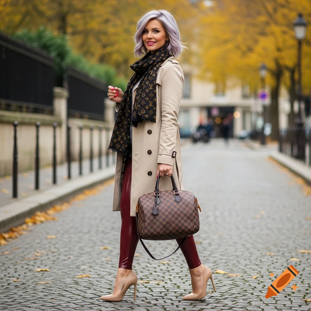 Elegant woman with silver hair, beige trench coat, monogram scarf, and bordeaux leggings walking on a cobblestone street in autumn.
