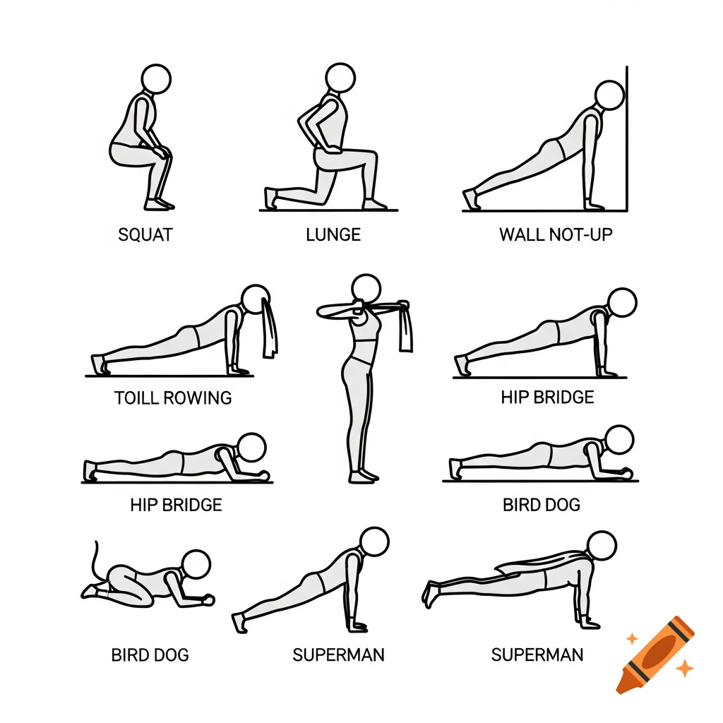 A grid of nine black and white stick figure icons demonstrating different exercises like squat, lunge, wall push-up, towel rowing, hip bridge, plank, bird dog, and superman.