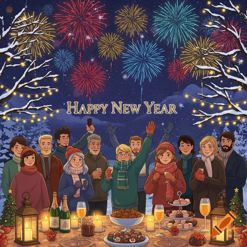 An illustration of a diverse group celebrating New Year's Eve outdoors with colorful fireworks in the night sky above a snowy landscape.