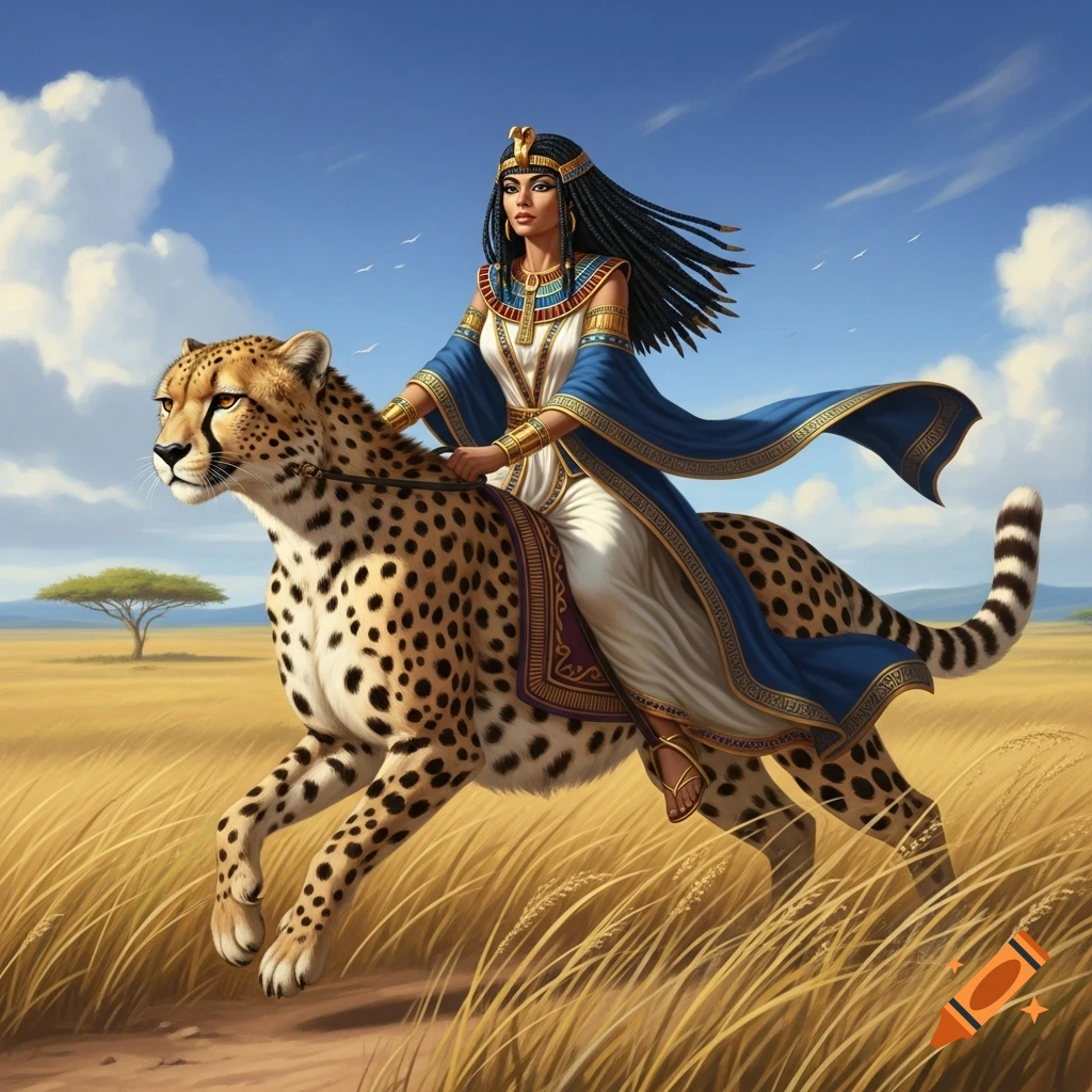 Detailed illustration of an Egyptian queen resembling Cleopatra, riding a cheetah through a sunny savanna with tall grass.