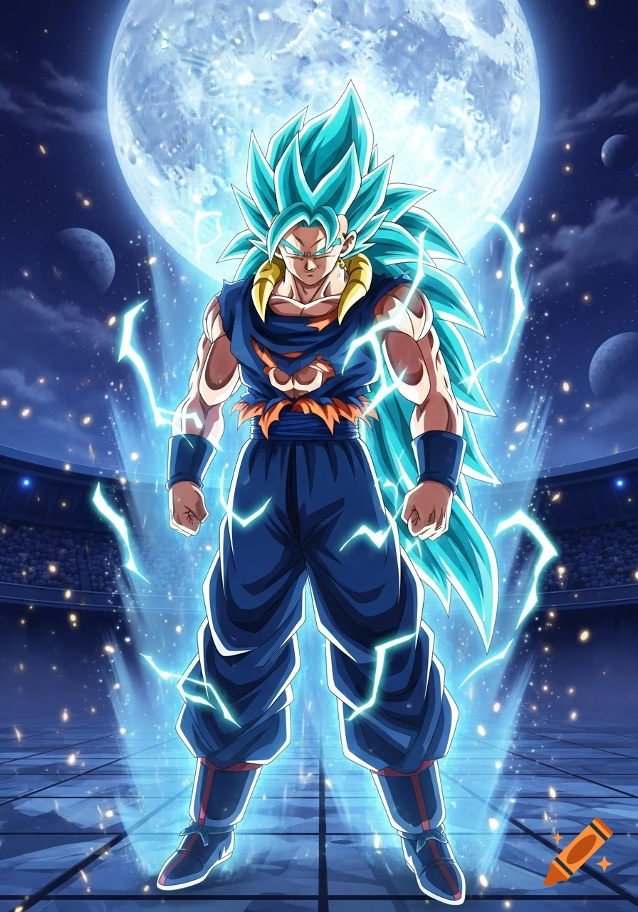 A powerful anime character with long teal hair and a blue aura, standing in an arena under a large full moon and a starry night sky.