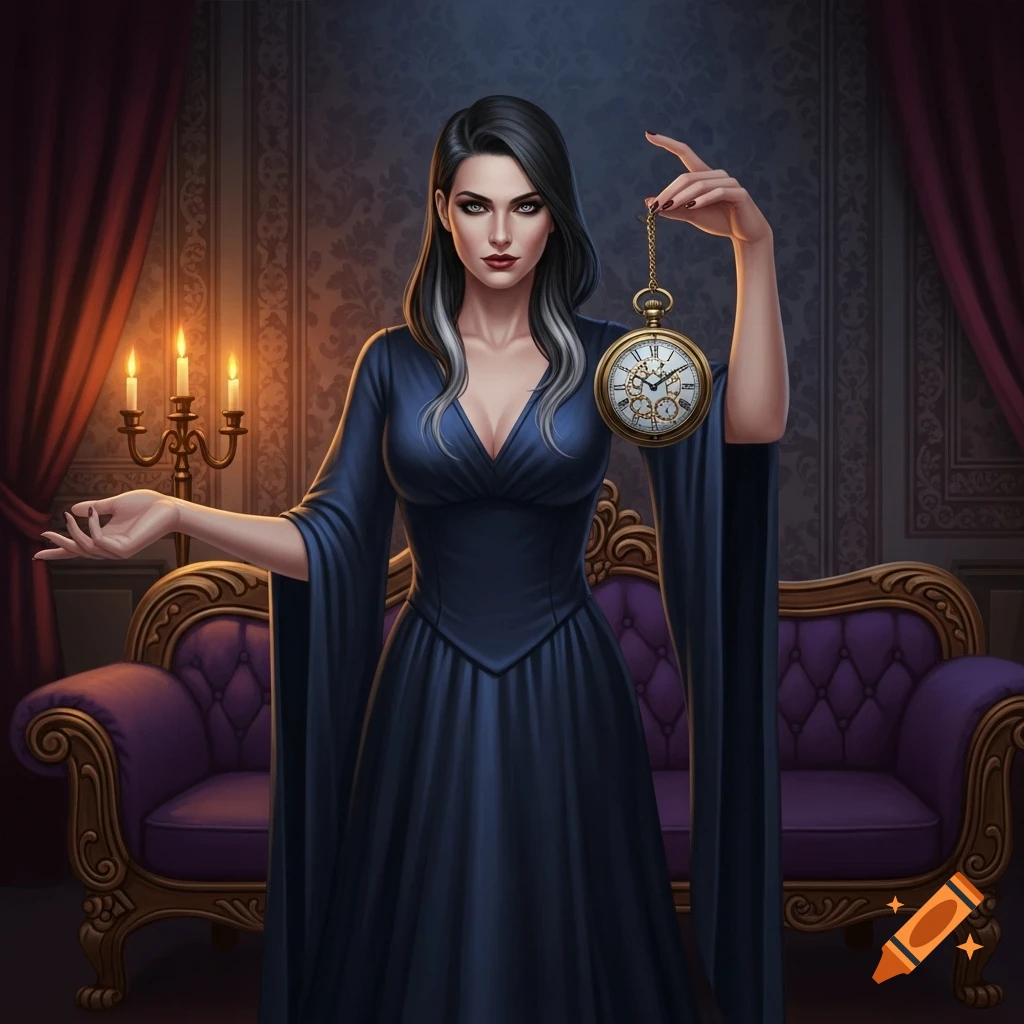 A female hypnotist in a dark blue dress holding a golden pocket watch in a dimly lit, ornate room.