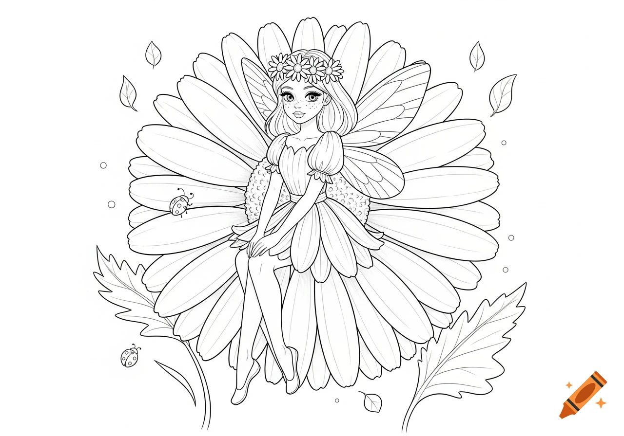 Anime fairy with a flower crown sitting on a giant daisy with ladybugs, in a coloring book style.