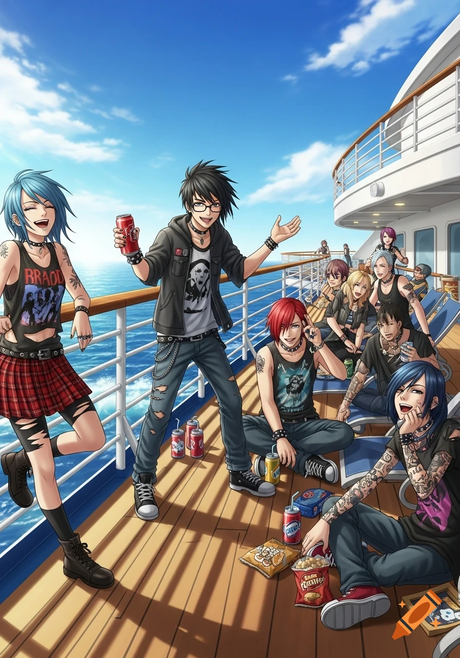 Anime-style young emo-punk people with colorful hair enjoy drinks and snacks on a sunny cruise ship deck overlooking the ocean.