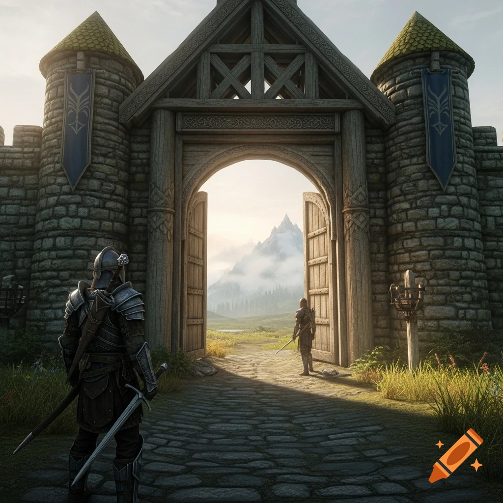 An armored warrior stands on a cobblestone path before a grand castle gate, looking towards another figure and misty mountains.