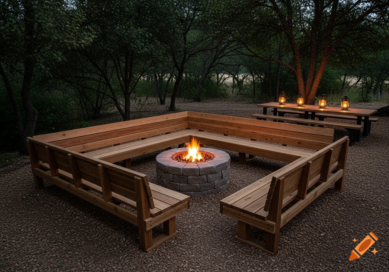 A U-shaped wooden bench surrounds a stone fire pit with a roaring fire at dusk in a wooded area. A picnic table with illuminated lanterns is to the right.