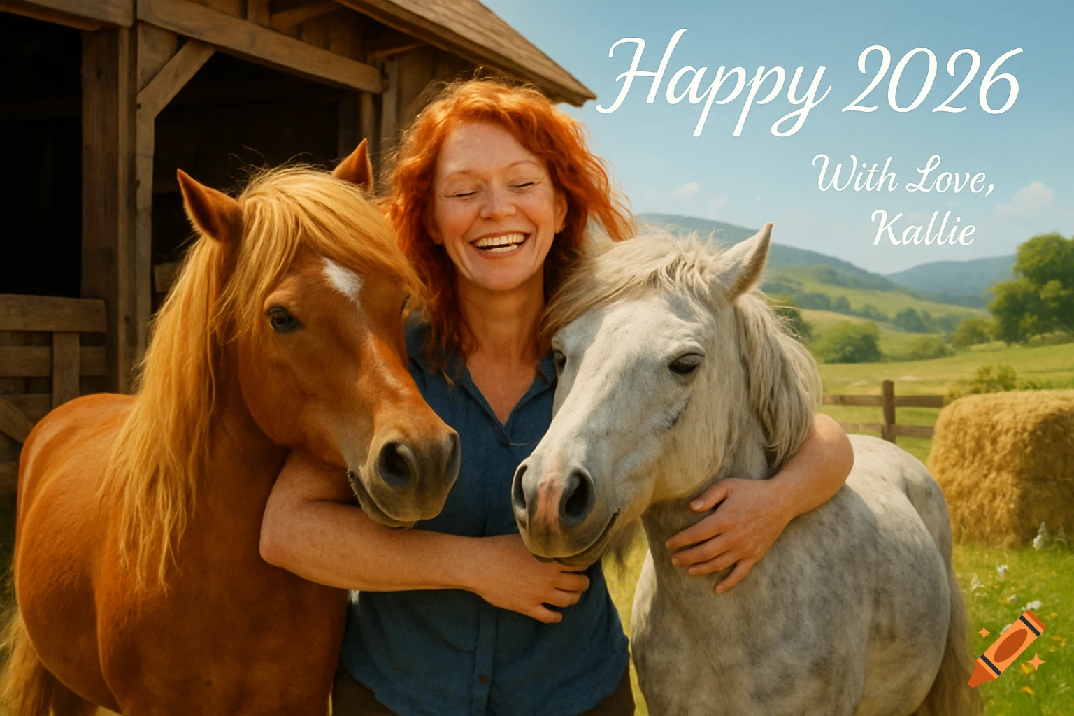 Smiling red-haired woman hugs a brown and a white horse in a rural field. Text "Happy 2026 With Love, Kallie".