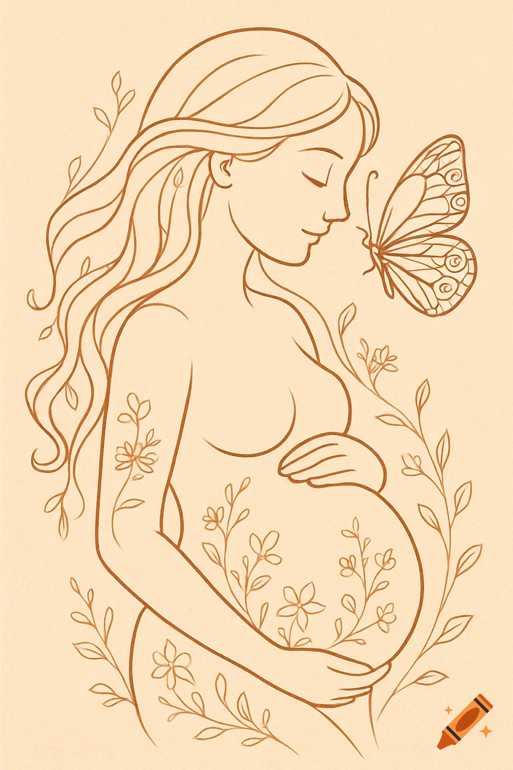 Line art of a pregnant woman embracing her belly, with a butterfly near her face and plants, in warm brown tones on beige.