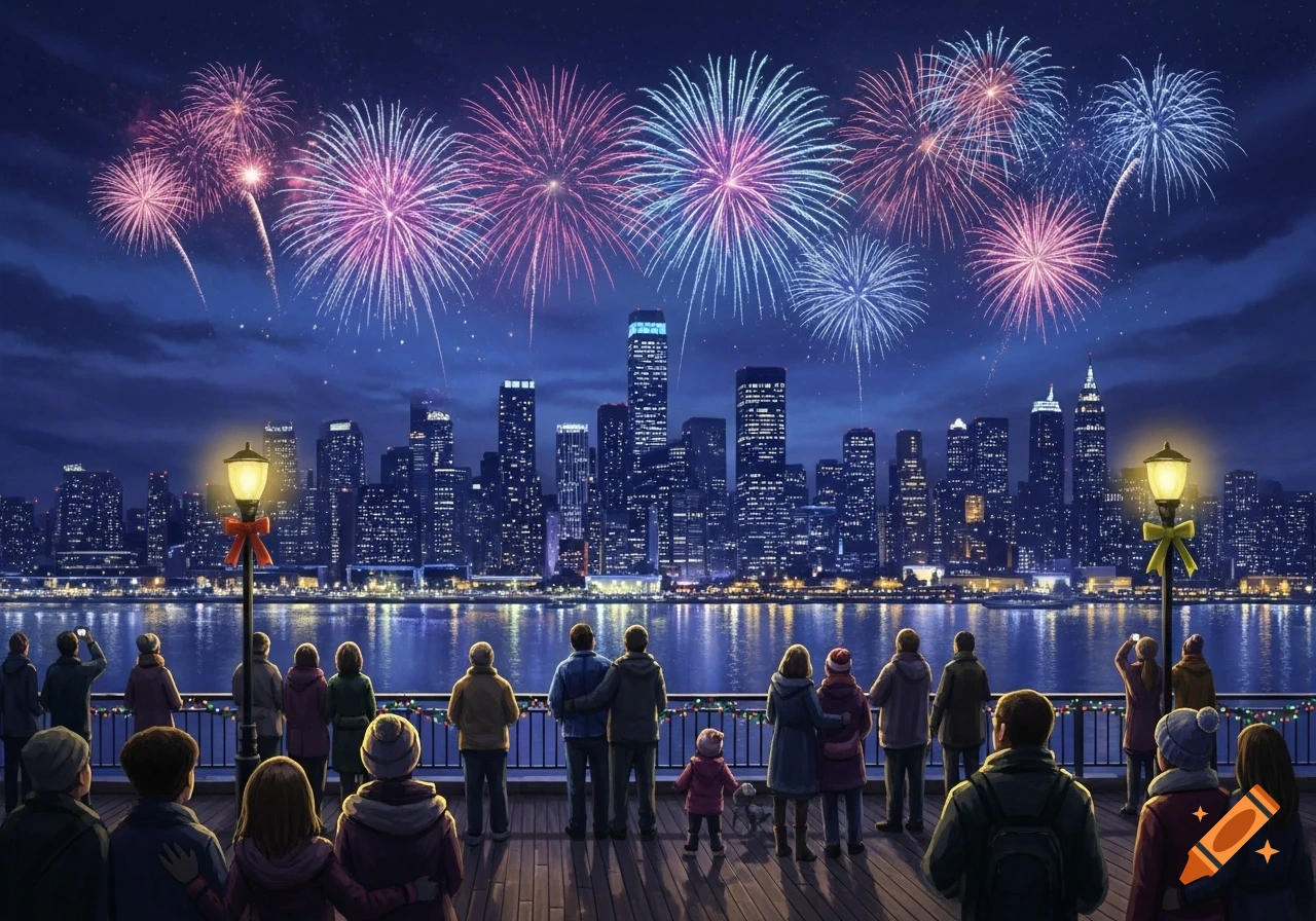 A crowd watches vibrant fireworks burst in the night sky above a glowing city skyline, viewed from a pier.