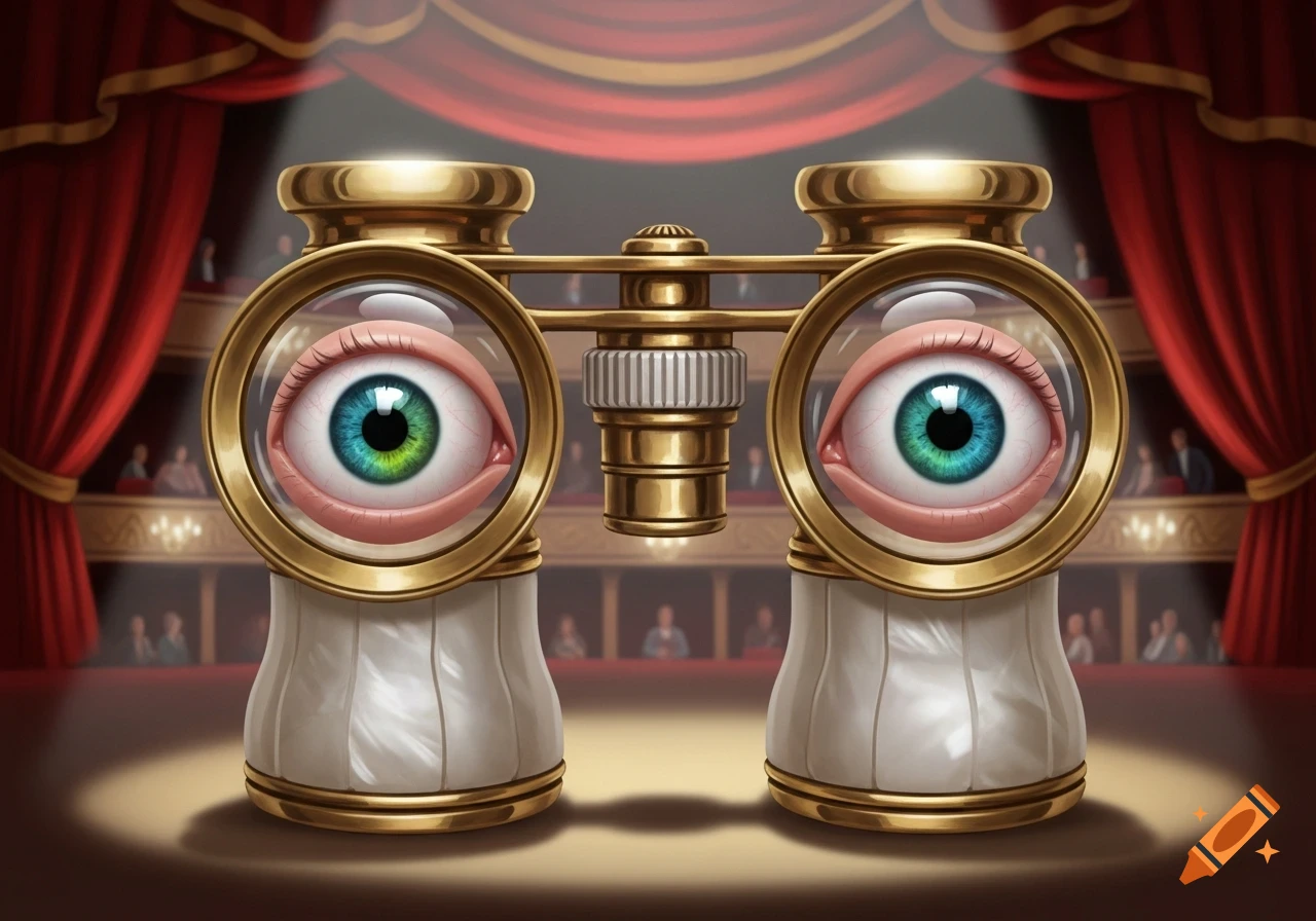 Ornate golden opera glasses with large, realistic human eyes instead of lenses, set on a stage with red curtains.