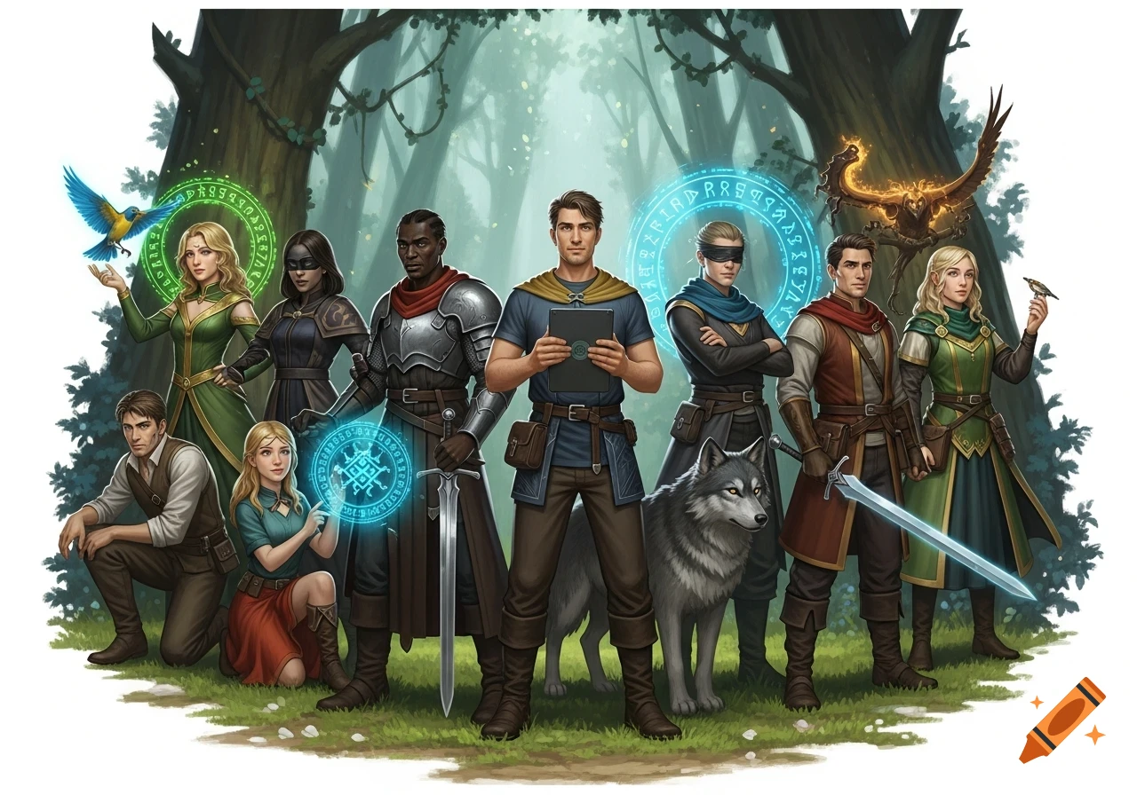 A fantasy group portrait of ten adventurers and a wolf in a forest. A man in the center holds a tablet, surrounded by other characters with swords, magic circles, and animal companions.