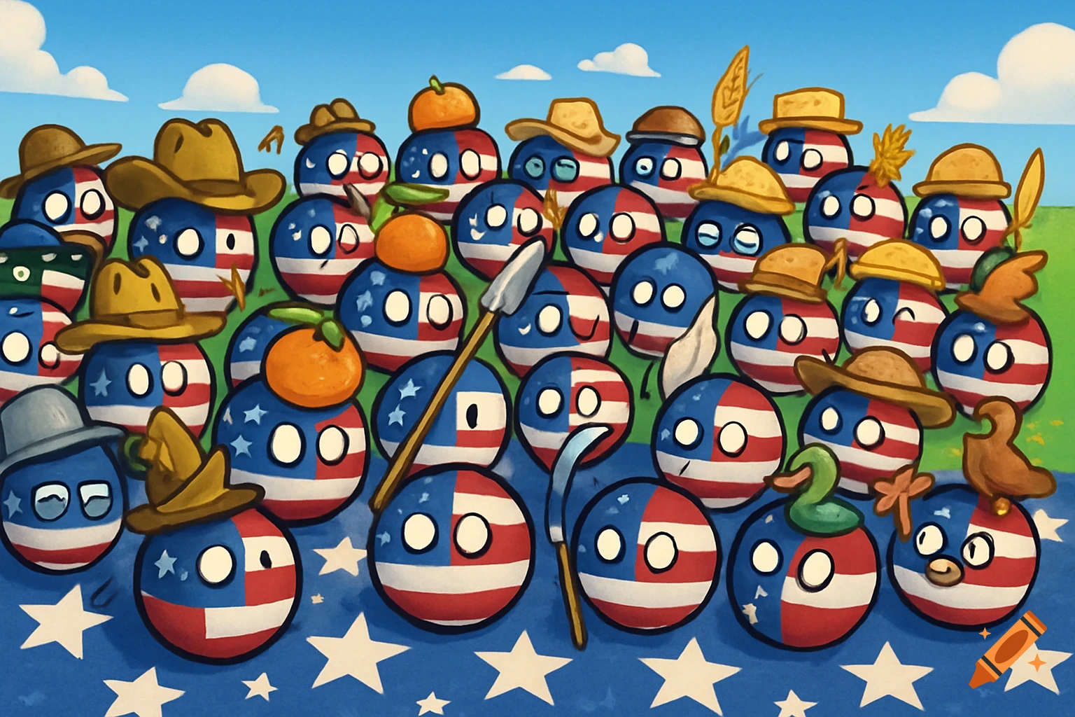Cartoon illustration of numerous USA countryballs wearing various hats and holding objects, on a star-spangled blue ground under a blue sky.