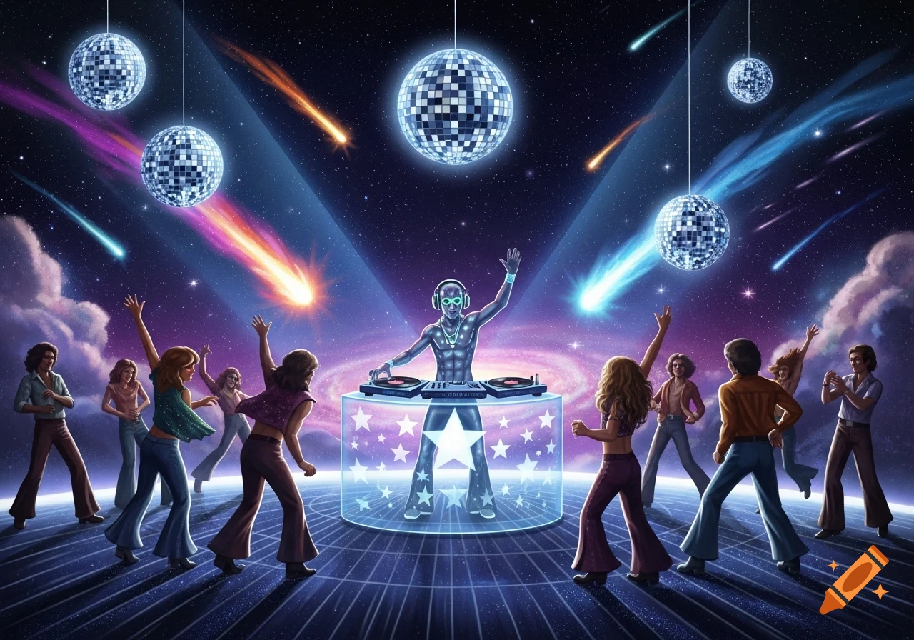 A stylized illustration of a galactic disco party with a DJ and dancers, disco balls, and meteors in a starry space.