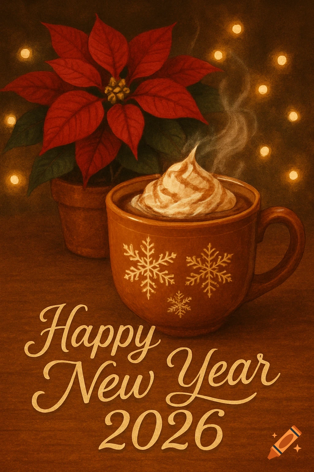 A festive image featuring a red poinsettia, a steaming mug of hot chocolate, and the text 'Happy New Year 2026'.