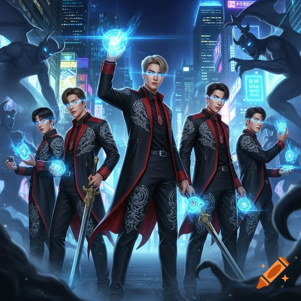 Five K-pop-style demon hunters in black and red coats with glowing blue eyes and magic orbs, stand in a cyberpunk city at night with shadowy demons.
