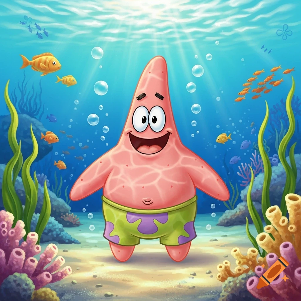 Patrick Star from Spongebob stands on a sandy seabed, surrounded by colorful coral, green seaweed, and various small fish, with sunlight filtering down through the blue water.