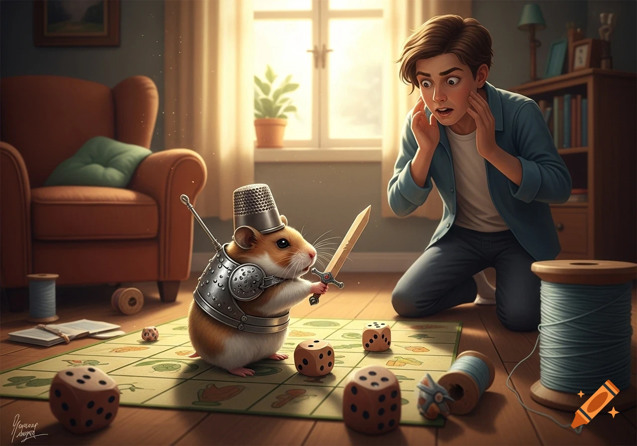 A surprised boy kneels, looking at a hamster in armor holding a wooden sword on a board game map, surrounded by dice and thread spools.